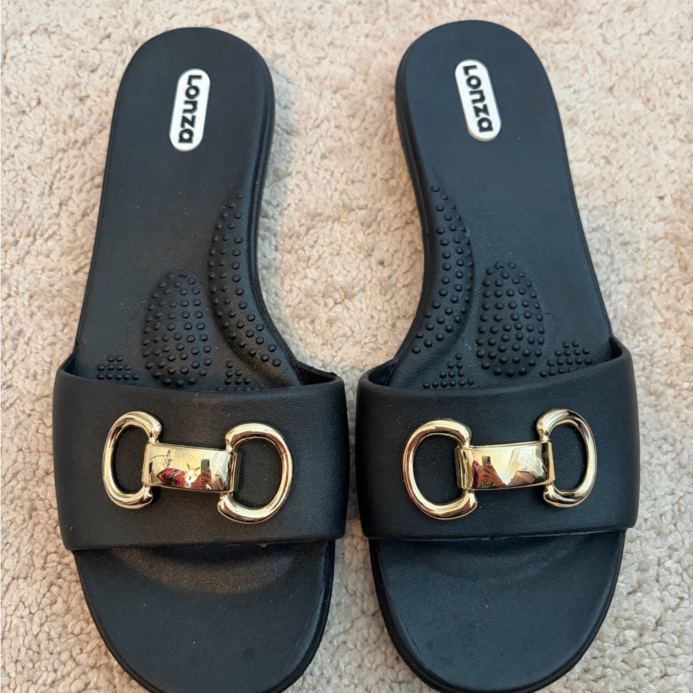 Lonza Black Slip On Sandals Flip Flops Womens Size M/L Gold Hardware Made in USA
